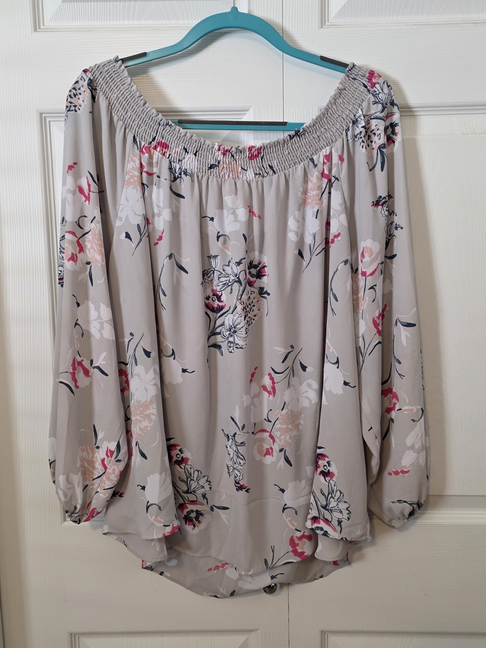 Penningtons Taupe Floral Off-Shoulder Peasant Blouse with Pink Accents - Picture 2 of 6